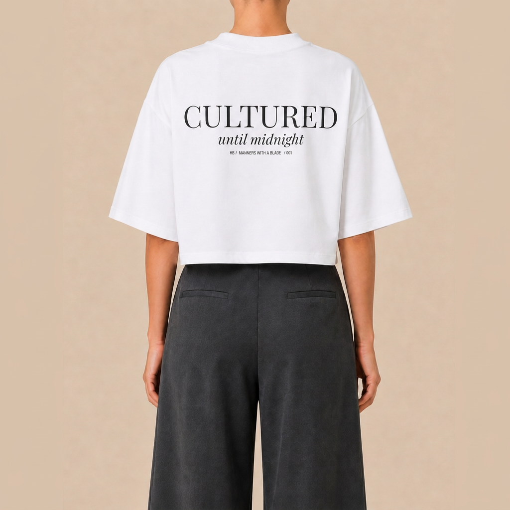 Cultured Until Midnight. White Cropped T-Shirt