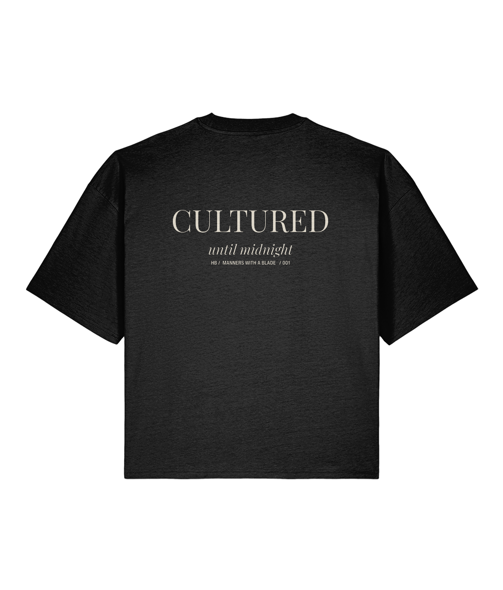 Cultured Until Midnight. Black Boxy T-Shirt Back