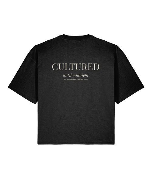 Cultured Until Midnight. Black Boxy T-Shirt Back