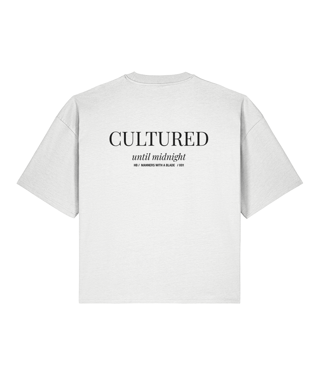 Cultured Until Midnight. White Boxy T-Shirt Back