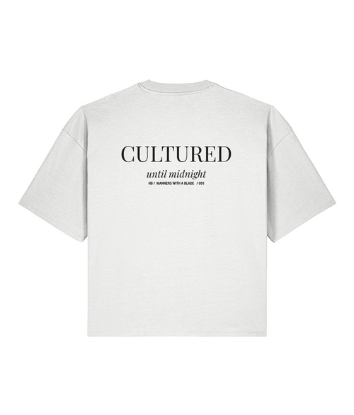 Cultured Until Midnight. White Boxy T-Shirt Back