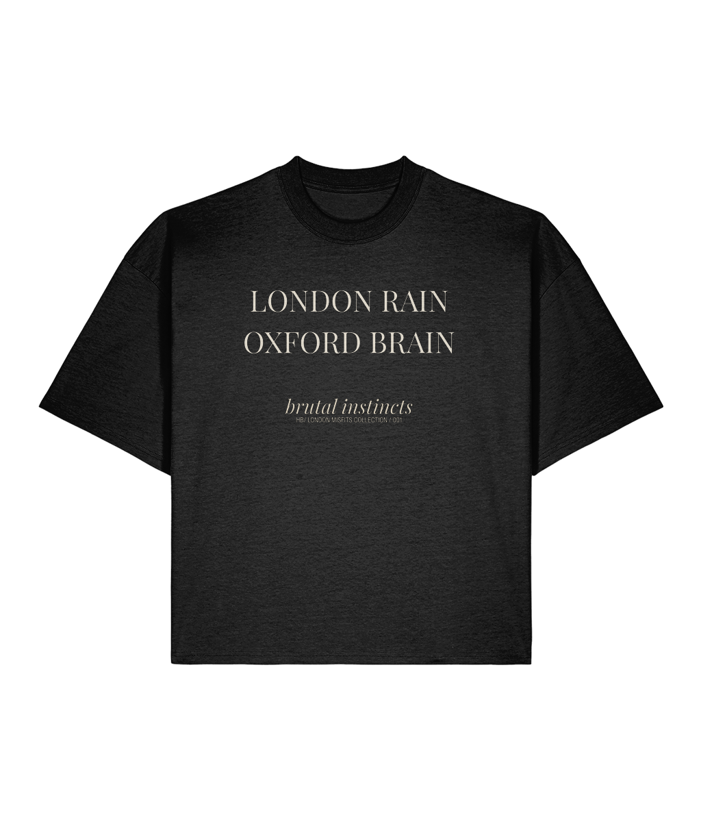 London Rain Oxford Brain. Black Boxy T-shirt Front 