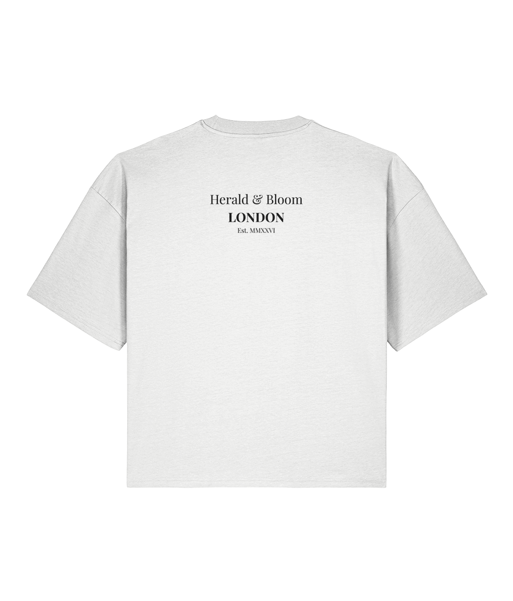 London Rain Oxford Brain. White Boxy T-shirt Back 