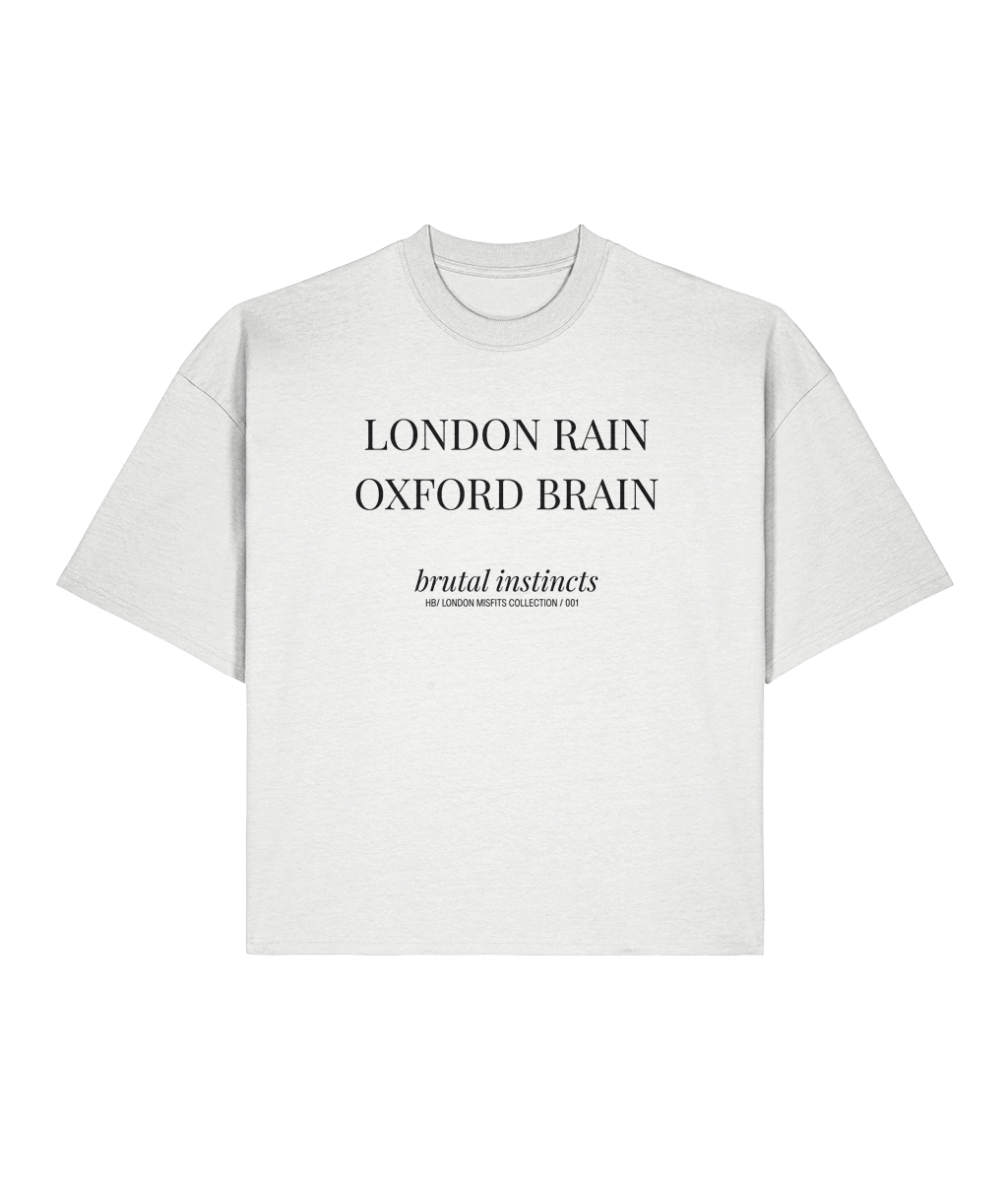 London Rain Oxford Brain. White Boxy T-shirt Front