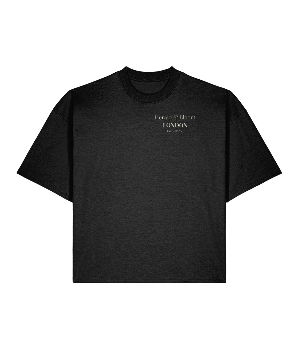 Mayfair Manners. Black Boxy T-shirt Front 