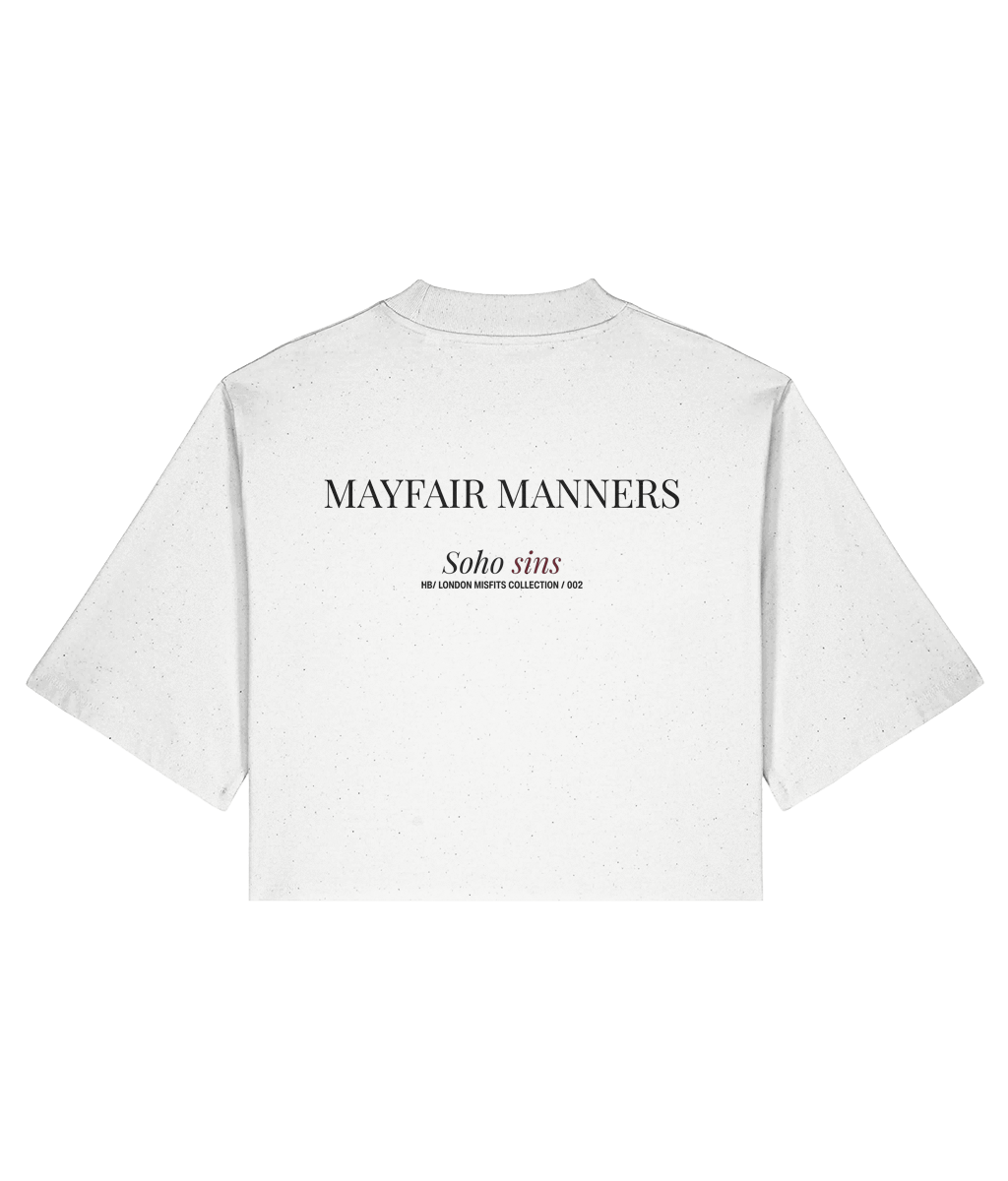 Mayfair Manners. Cropped White T-shirt Back 