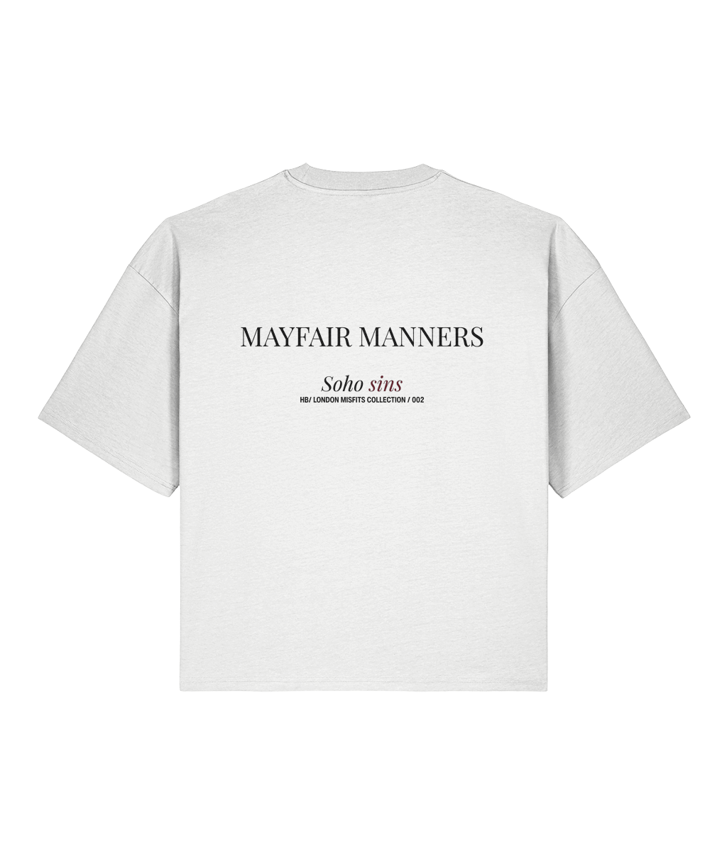 Mayfair Manners. White Boxy T-shirt Back 