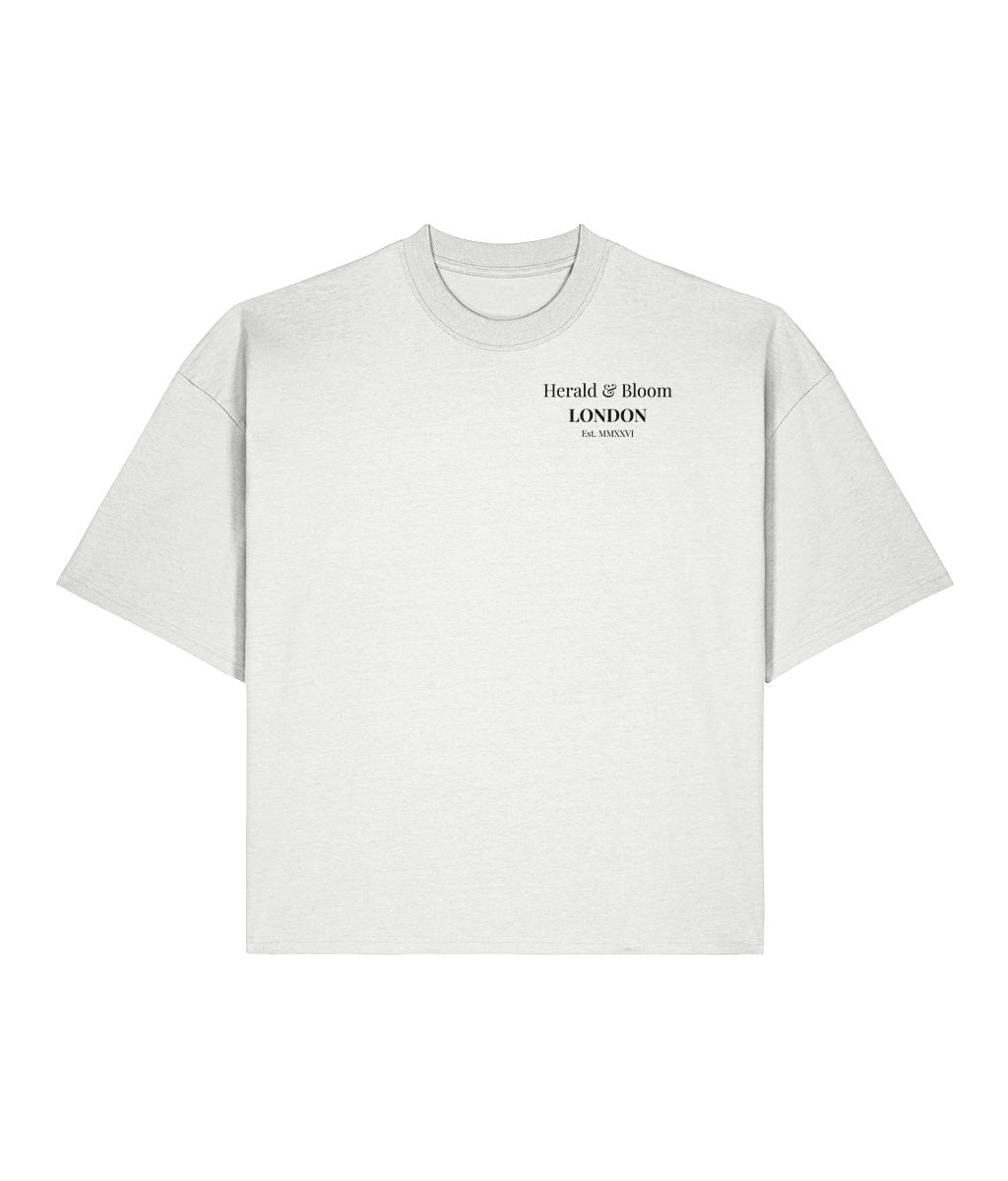 Mayfair Manners. White Boxy T-shirt Front 