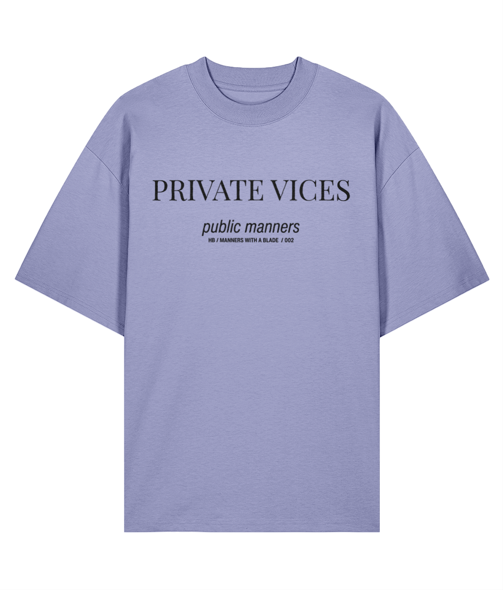 Private vices public manners. Violet oversized T-shirt Front