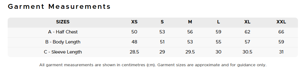 A size measurement chart for garments showing a table with sizes XS through XXL, half chest, body length, and sleeve length in centimeters.