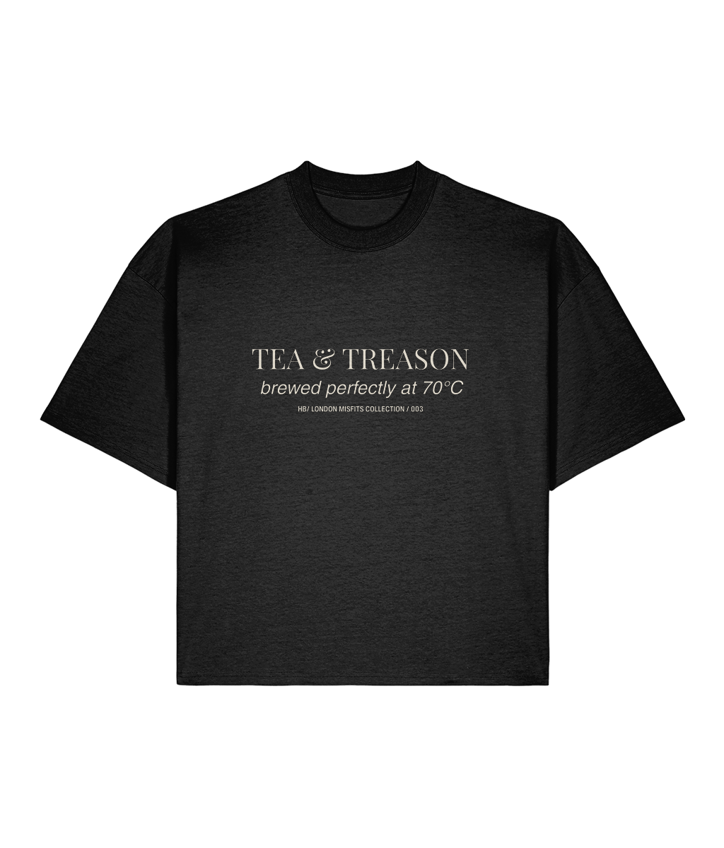 Tea & Treason. Black Boxy T-shirt Front