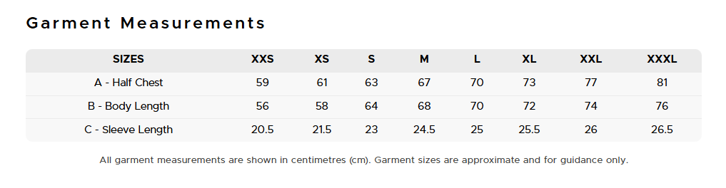 A size measurement chart for garments showing a table with sizes XXS through XXXL and measurements for half chest, body length, and sleeve length in centimeters.