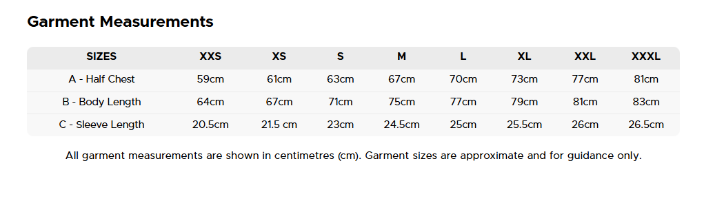 A size measurement chart for oversized tees showing sizes XXS to XXXL with approximate measurements for half chest, body length, and sleeve length in centimeters.